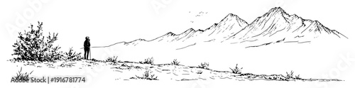 Hiker looking at mountain range minimal line art illustration