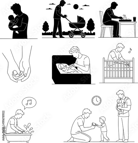 Father's day Father and Baby Care Activities Vector Set: Silhouette and Line Art Icons of Dad Changing Diapers, Strolling, Nurturing, and Bonding with Newborn Child