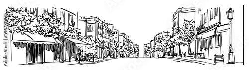 European city street with buildings and trees hand-drawn urban scene