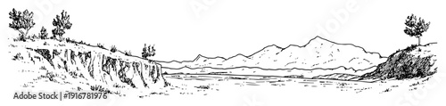 Cliffside view with mountains and lake hand-drawn line art