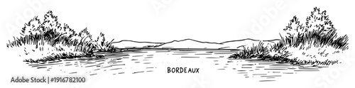 Bordeaux river landscape with forest and hills hand-drawn vector