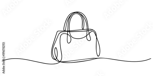 Lady's bag continuous one line drawing, Continuous one line drawing of Lady's hand bag. Women's bag single line art vector illustration. Editable vector, Elegant woman bag one line drawing on white