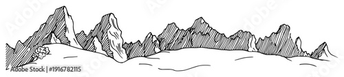 Mountain peaks landscape stylized hand-drawn vector illustration