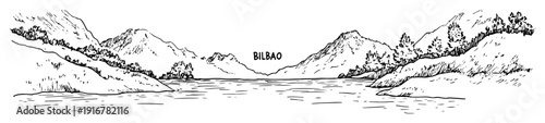 Bilbao river landscape with surrounding hills hand-drawn vector illustration