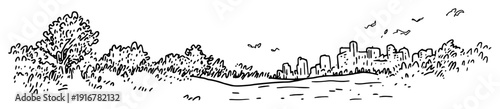Urban skyline with forest park and birds hand-drawn scene