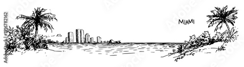 Miami beach with palm trees and skyline hand-drawn tropical vector