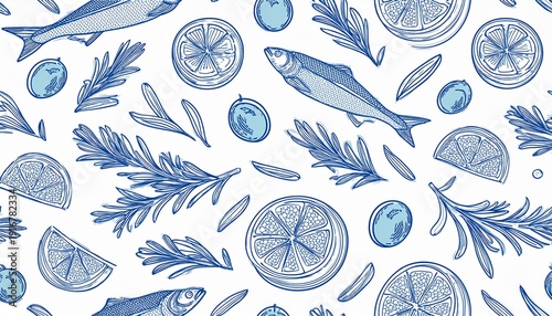 simple seamless pattern fish sardine herring olives lemon slices tomato rosemary branch mediterranean diet seafood blue outline on white background for prints of packaging products