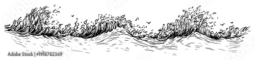 Ocean wave with dynamic splash and motion hand-drawn vector