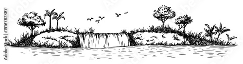 Tropical waterfall with palms and birds hand-drawn vector scene