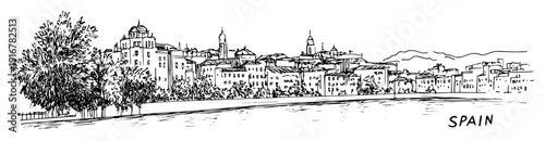 Spain riverside cityscape with architecture and skyline hand-drawn scene