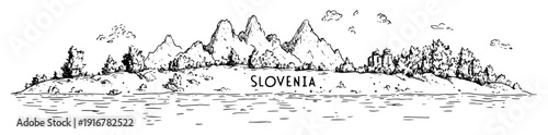Slovenia mountain landscape with forest and lake hand-drawn nature scene