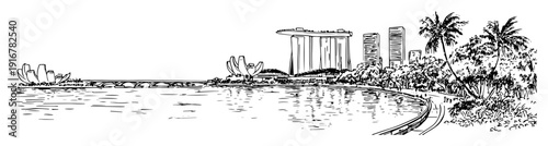 Singapore waterfront with skyline and palms hand-drawn cityscape