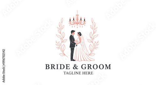 Elegant watercolor illustration of a bride and groom for wedding invitations and event branding.