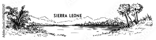 Sierra leone river landscape with vegetation and mountains hand-drawn vector