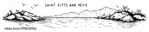 Saint kitts and nevis island with mountains and shoreline hand-drawn vector
