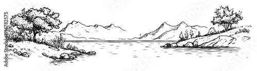 Peaceful lake landscape with forest and hills hand-drawn nature scene