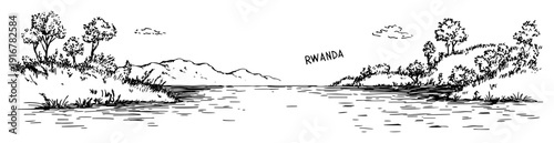 Rwanda lake landscape with trees and distant hills hand-drawn nature vector