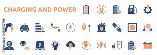 Charging And Power icon two color style with battery, plug, charging, fuel, efficiency, cable, connector, socket icons