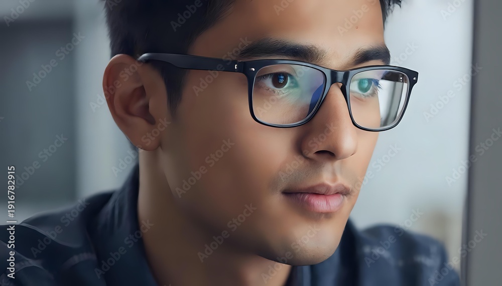 Fototapeta premium Close-up of a focused software engineer wearing glasses, with light reflected from a computer, approaching his goal. Expressive emotions.