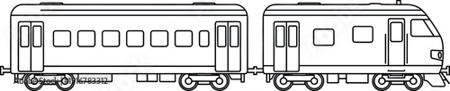Vector line art of a modern passenger train with locomotive and carriage for public transportation design