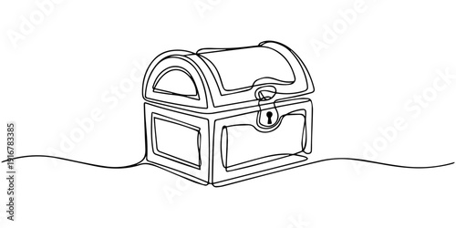 Treasure chest in continuous one line art style. Simple vector illustration, Open empty treasure chest one line continuous. Line art chest, Shining golden coins concept vector art. Doodle line style.