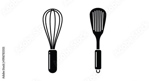 Black kitchen utensils a whisk and spatula in silhouette