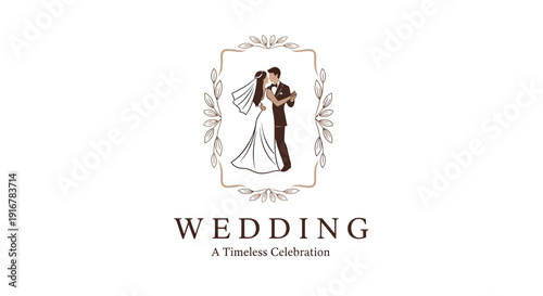 Elegant wedding couple embracing in a decorative floral frame.