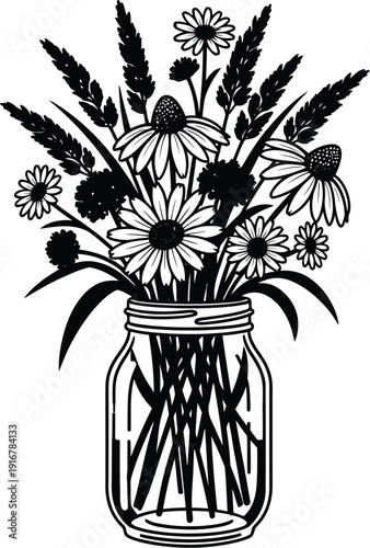 Beautiful wildflowers in a mason jar on a white background