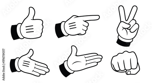 Six hand gestures displayed in a stark black graphic silhouette