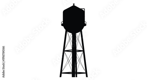 A striking black silhouette of a water tower against white background