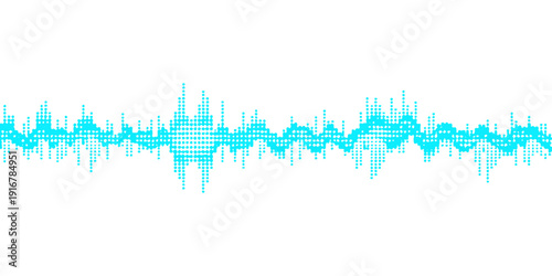 Digital blue heartbeat pulse line forming a heart shape with music notes and audio equalizer waveform spectrum illustration in a technology wave design