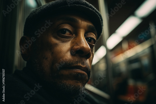 Black and white close-up portrait of a mature man on a subway, looking upward. Cinematic documentary style, concept of urban solitude and reflection, ideal for social and lifestyle themes