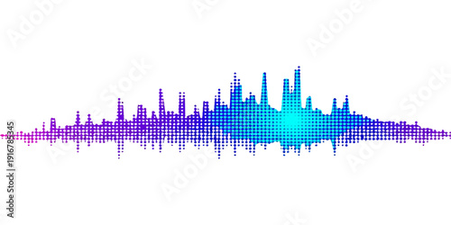 A digital technology vector illustration featuring a blue abstract sound wave and equalizer frequency lines over a glowing cityscape backdrop for business and audio design