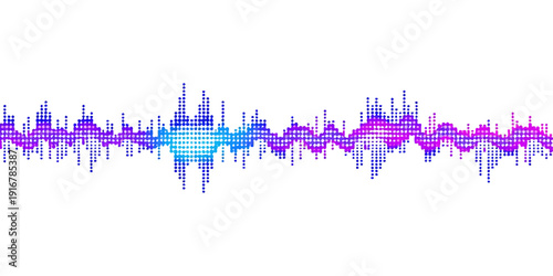 Modern digital sound wave vector featuring a blue music equalizer silhouette of an urban city skyline with skyscraper architecture and business building illustrations on a white background