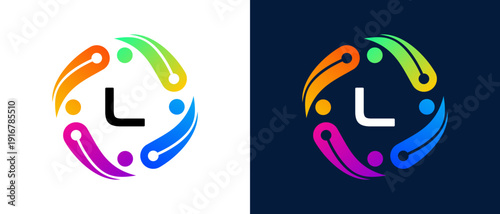 Modern letter “L” logo with a digital technology and connectivity concept Circular abstract design featuring vibrant gradient elements that symbolize innovation, collaboration