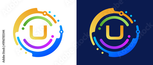 Modern letter “U” logo with circular abstract elements and colorful gradient design, symbolizing digital technology, innovation, data connectivity, and modern branding.