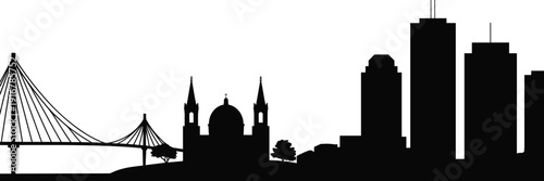 city, skyline, silhouette, bridge, church, dome, spire, cross, skyscraper, architecture, building, tower, metropolitan, urban, contour, vector, black, minimal, design, artwork, landscape