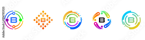 Fotografía Set of abstract letter B technology logos with colorful gradients and circular network elements