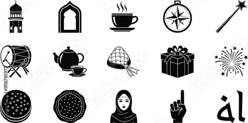 Islamic Ramadan and Eid icons set mosque tea compass gift fireworks sweets hijab Arabic religious festival vector illustration collection
