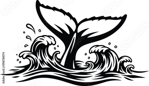 Dramatic whale tail emerging from ocean waves in dynamic motion