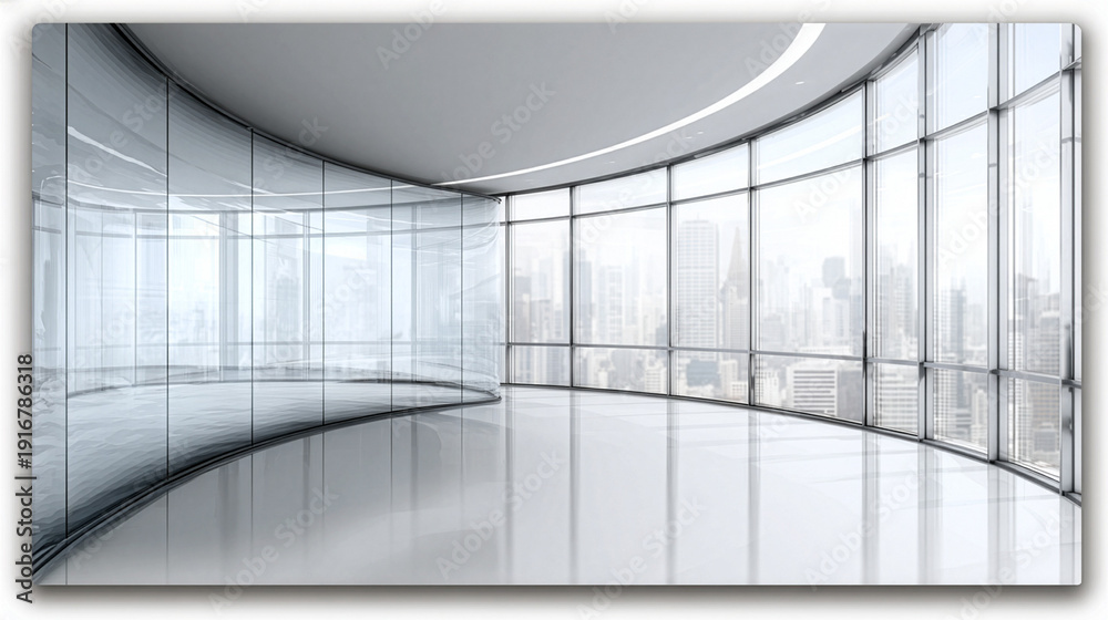 Fototapeta premium Empty curved office interior with panoramic city view windows and reflective floor
