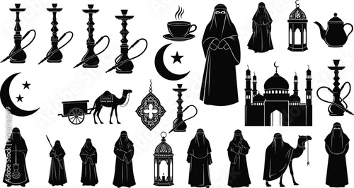 Islamic silhouette collection, Muslim culture lifestyle symbols, mosque hookah lantern crescent traditional clothing Arabic heritage vector illustration set