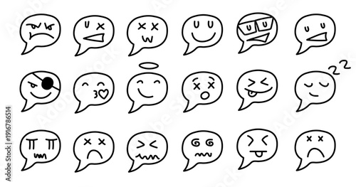Hand drawn style doodle designs featuring emoji speech bubble sketches with varied facial expressions such as happy, sad, angry, and sleepy, suitable for chat themes and comic style communication.