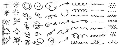 Hand drawn style doodle designs featuring assorted sketches of arrows, stars, swirls, dividers, and decorative accents, suitable for journals, planners, scrapbooks, and graphic layout compositions.