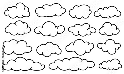Hand drawn style doodle designs featuring cloud outline sketches with playful shapes and soft contours, suitable for weather themes, sky illustrations, journaling layouts, and decorative compositions.
