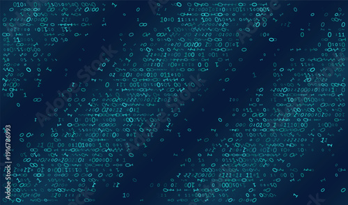 Cyber Nebula. Fragmented teal binary code drifts across a deep navy digital void.