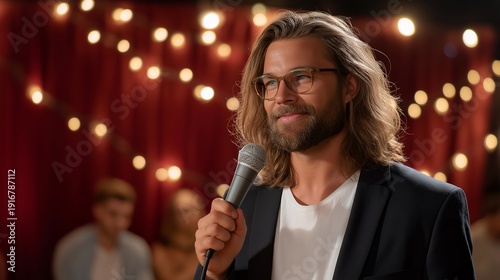 Wallpaper Mural Hilarious comedian blending humor with emotional depth in a stand up act that leaves the audience in stitches and contemplation. Cozy comedy theater ambiance with soft red curtains, spotlight Torontodigital.ca