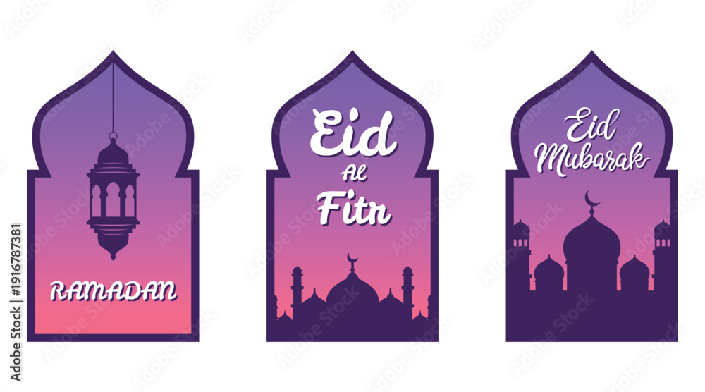 Fototapeta premium Ramadan and eid greeting card set with mosque window arches