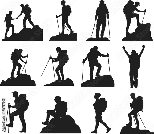 Hiking and trekking silhouette collection featuring backpackers with trekking poles on mountain peaks, adventure travel poses, black vector illustration isolated on white background