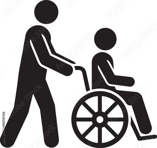 Caregiver Pushing Wheelchair Icon Healthcare Assistance and Accessibility Silhouette